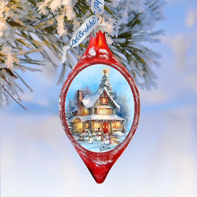 Christmas Cottage in Red Drop Glass Ornament by G. Debrekht Christmas Decor - 757-043-0