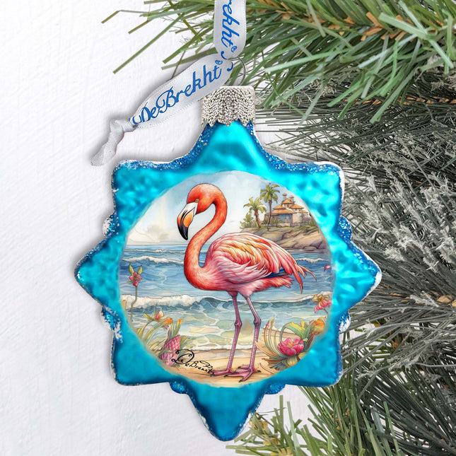 Nautical Christmas Ornaments - Flamingo Keepsake Glass Ornaments by G. Debrekht - Coastal Holiday Decor - 777394-0