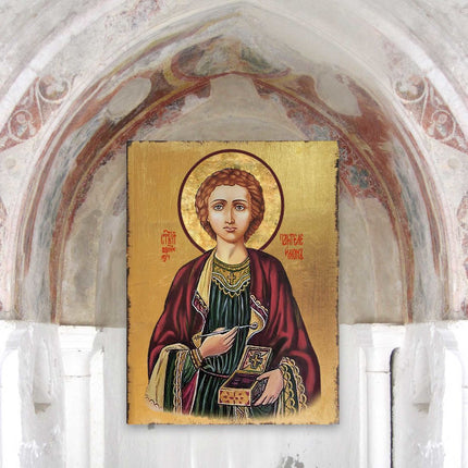 Saint Panteleimon Wooden Gold Plated Religious Orthodox Sacred Icon - Inspirational Icon Decor - 85023-3
