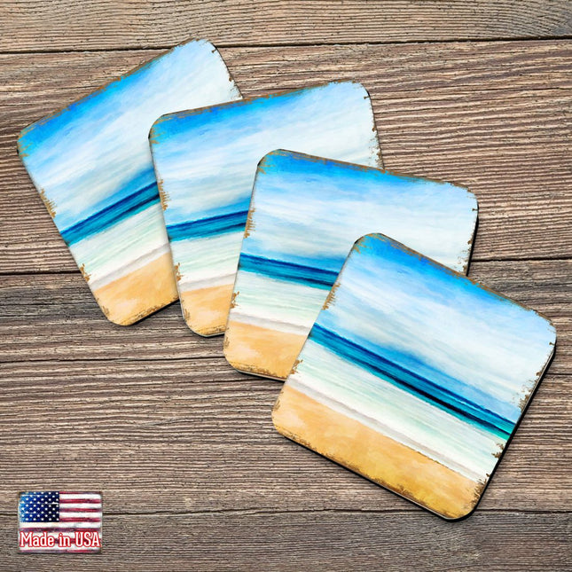 Beach Coastal Wooden Cork Coasters Gift Set of 4 by Nature Wonders - Coastal Sea-Life Decor - 95226C-S4-0