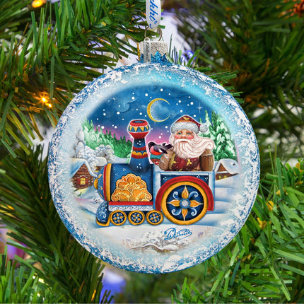 Santa Express Glass Ornament by G. DeBrekht - Christmas Santa Snowman Decor - 744-040-2