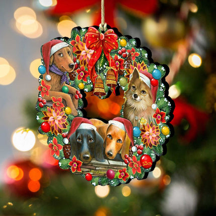Christmas Friends Puppy Wreath Wooden Ornaments by G. DeBrekht - Pets Dog and Cats Decor - 8185307-6-SL-2