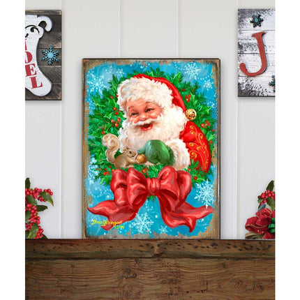Santa Bow Wreath Art Wooden Wall Art by D. Gelsinger - Christmas Santa Snowman Decor - 95606B-1309-4