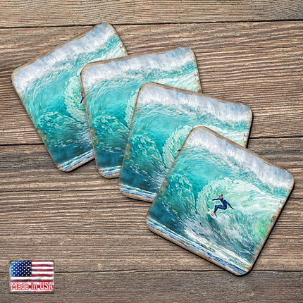 Surfer Coastal Wooden Cork Coasters Gift Set of 4 by Nature Wonders - Coastal Sea-Life Decor - 95227C-S4-0