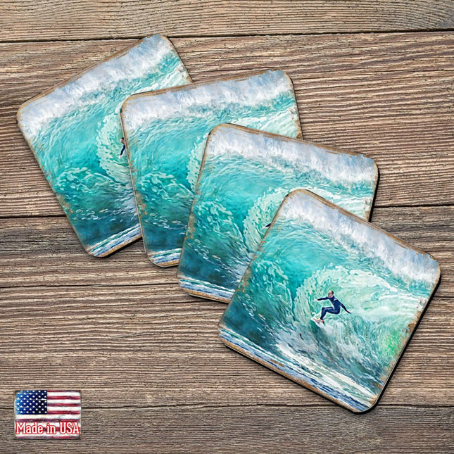 Surfer Coastal Wooden Cork Coasters Gift Set of 4 by Nature Wonders - Coastal Sea-Life Decor - 95227C-S4-0