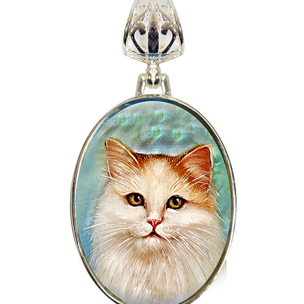 Tabby Cat Silver Plated Mother of Pearl Jewelry Pendant Necklace - 44015-0