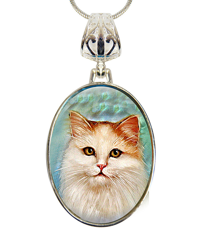 Tabby Cat Silver Plated Mother of Pearl Jewelry Pendant Necklace - 44015-0