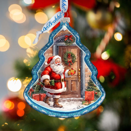 Santa Knocking at the Door Tree Glass Ornament by G. Debrekht - Christmas Santa Snowman Decor - 762-030-1