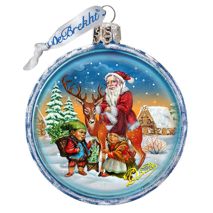 Santa With Elves Glass Ornament by G. DeBrekht - Christmas Santa Snowman Decor - 73353C-2