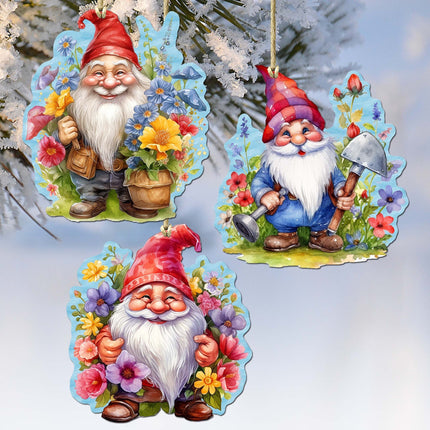Garden Gnomes Decorative Wooden Ornaments Set of 3 by G. Debrekht - Spring Easter Decor - 8091030-S3-0