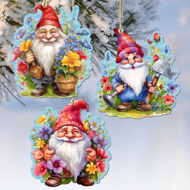 Garden Gnomes Decorative Wooden Ornaments Set of 3 by G. Debrekht - Spring Easter Decor - 8091030-S3-0