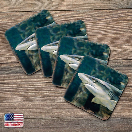 Shark Coastal Wooden Cork Coasters Gift Set of 4 by Nature Wonders - Coastal Sea-Life Decor - 95324C-S4-0