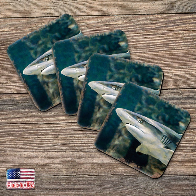 Shark Coastal Wooden Cork Coasters Gift Set of 4 by Nature Wonders - Coastal Sea-Life Decor - 95324C-S4-0