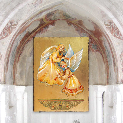 Angels Watching Over You Wooden Gold Plated Religious Christian Sacred Icon - Inspirational Icon Decor - 85046-3