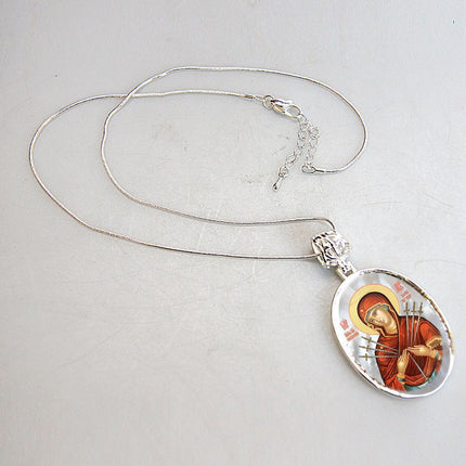 Virgin Mary of The Seven Swords Silver Plated Mother of Pearl Necklace - 43037-3