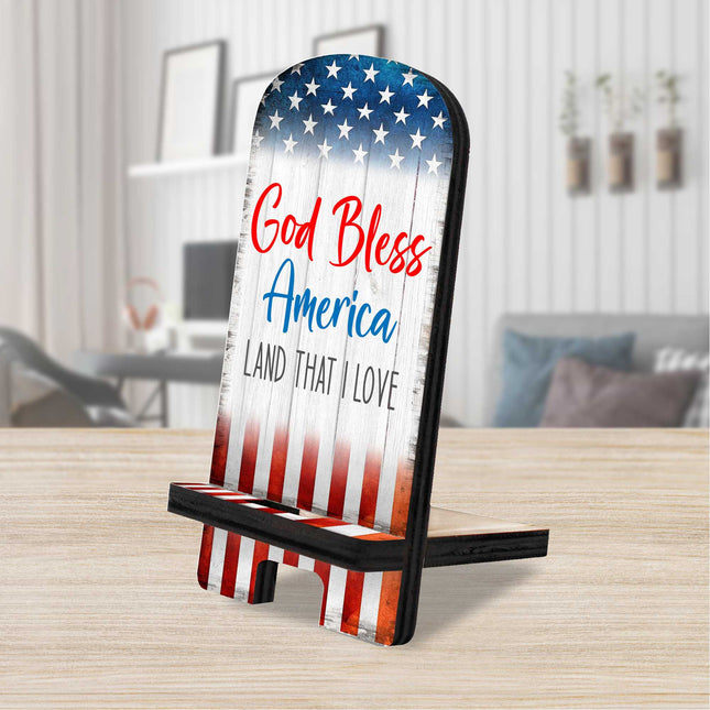 God Bless America Cell Phone Stand Wood Mobile Tablet Holder Charging Station Organizer - 892073-0
