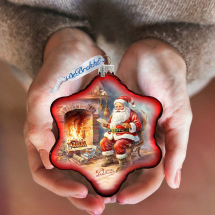 Santa at the Fireplace Snowflake Glass Ornament by G. Debrekht - Christmas Santa Snowman Decor - 754-047-2