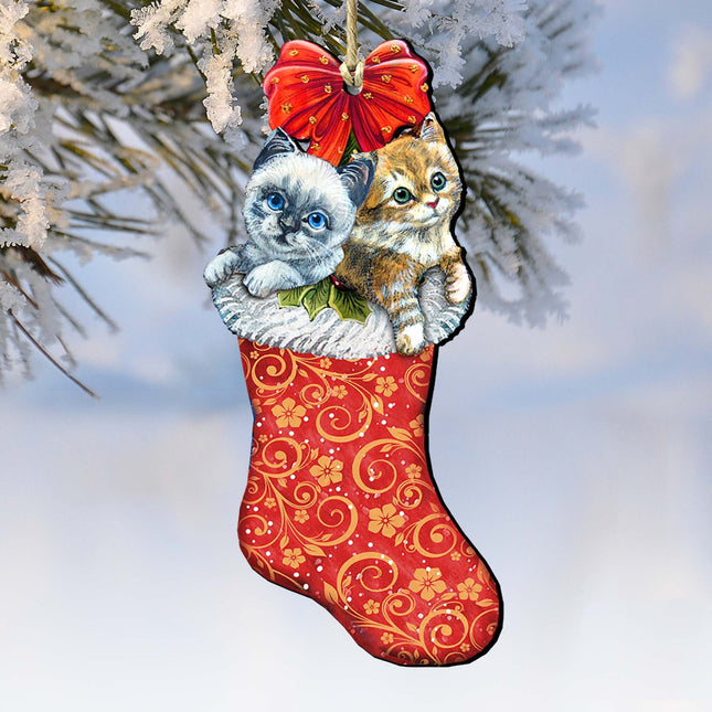Kitty Cats Christmas Stocking Wooden Ornaments by G. DeBrekht - Christmas Santa Snowman Decor - 8114021-0