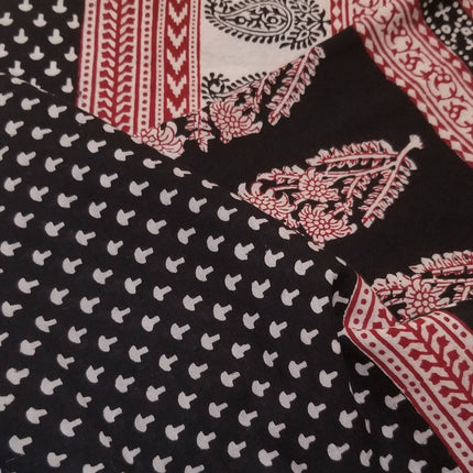 Handprinted floral Vine cotton tablecloth in red and black-0