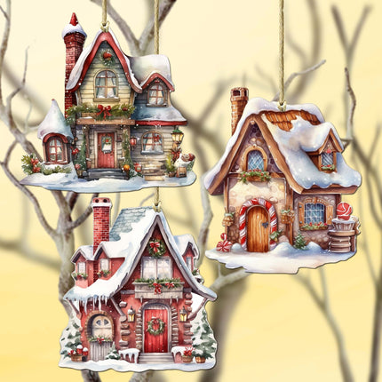 Christmas Houses Decorative Wooden Ornaments Set of 3 by G. Debrekht - Christmas Decor - 8091024-S3-1
