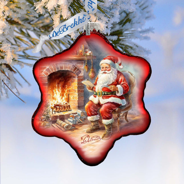 Santa at the Fireplace Snowflake Glass Ornament by G. Debrekht - Christmas Santa Snowman Decor - 754-047-0