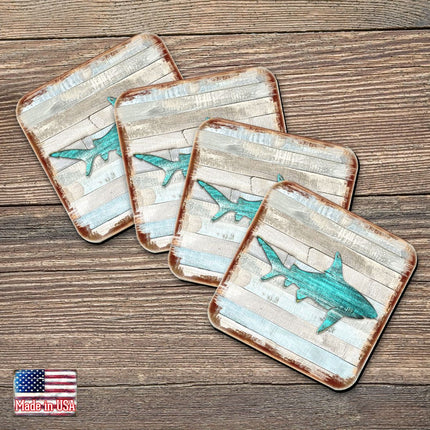 Shark Coastal Wooden Cork Coasters Gift Set of 4 by Nature Wonders - Coastal Sea-Life Decor - 8198515-9C-S4-0