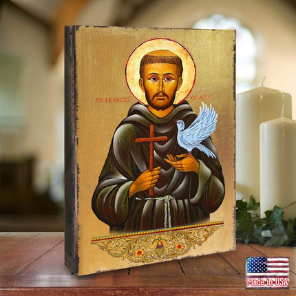 Saint Francis Wooden Gold Plated Religious Christian Sacred Icon - Inspirational Icon Decor - 85024-1