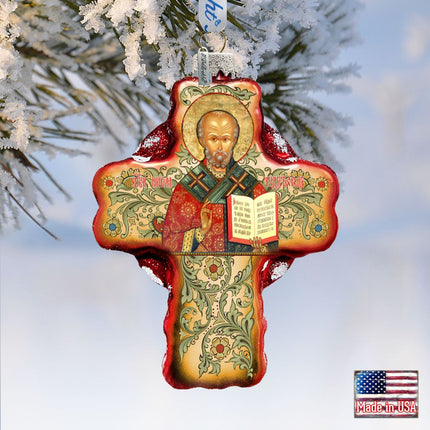 Saint Nicholas Icon Cross Glass Ornament by G. DeBrekht - Nativity Holiday Decor - 758-004-1