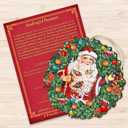 Santa Wreath with Birds Wooden Ornaments by G. DeBrekht - Christmas Santa Snowman Decor - 8185320-2