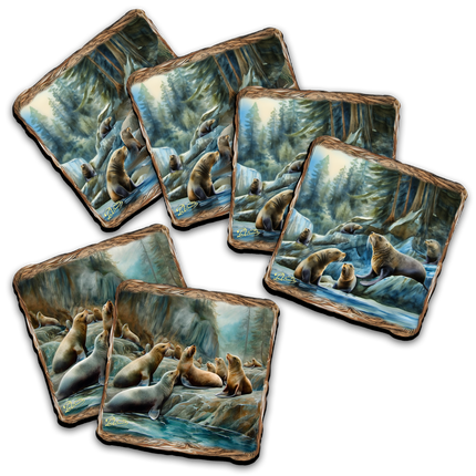 Sea Lion Cave Wooden Cork Placemat and Coasters Gift Set of 7 by Nature Wonders Nature Wildlife Decor  - 85413C-S7-2