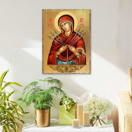 Virgin Mary of the Seven Swords Wooden Gold Plated Religious Christian Sacred Icon - Inspirational Icon Decor - 85037-2