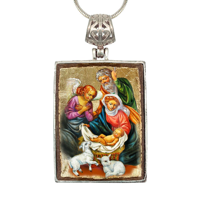 The Holy Family Religious Jewelry Silver Plated Necklace, Gold-Plated Wooden Cabochon - Orthodox Sacred Icon - Inspirational Icon Decor - 43020R-0