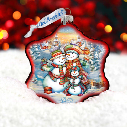 Cheerful Snowmen Snowflake Glass Ornament by G. Debrekht - Christmas Santa Snowman Decor - 754-046-3