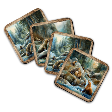 Coastal Sea Lions Wooden Cork Coasters Gift Set of 4 by Nature Wonders Nature Wildlife Decor  - 95386C-S4-2