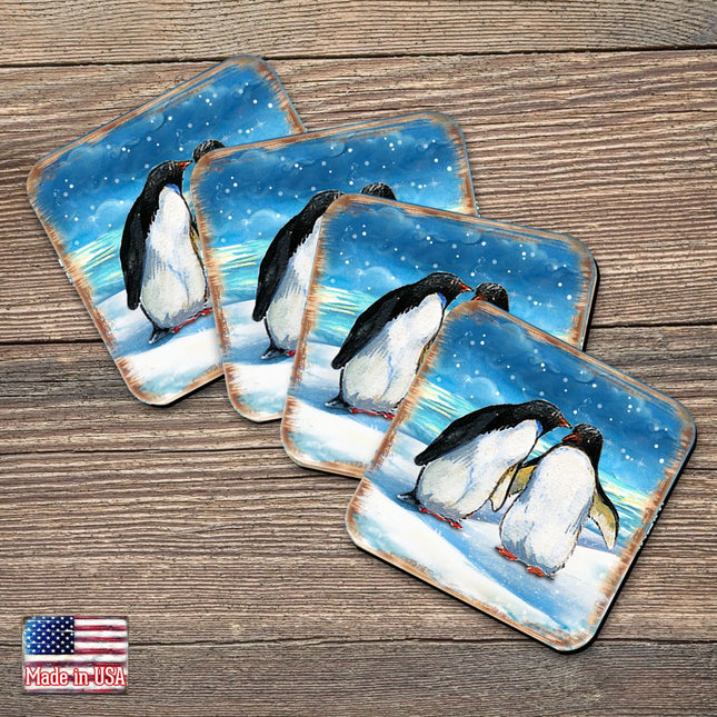 Penguins Coastal Wooden Cork Coasters Gift Set of 4 by Nature Wonders - Coastal Sea-Life Decor - 8198542C-S4-0