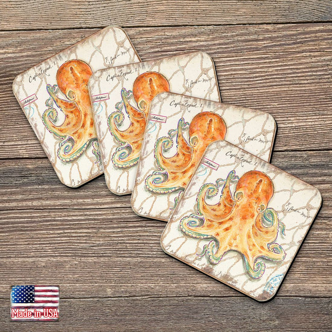 Octopus Coastal Wooden Cork Coasters Gift Set of 4 by Nature Wonders - Coastal Sea-Life Decor - 8198626C-S4-0