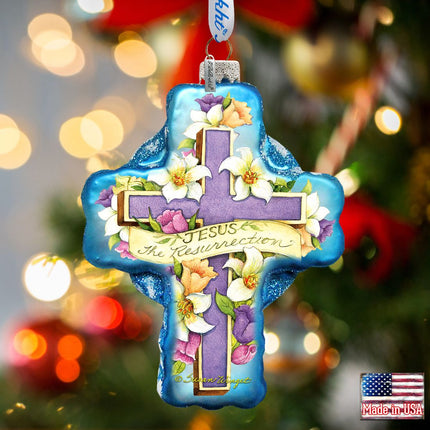 Resurrection Cross Glass Ornament by Susan Winget - Nativity Holiday Decor - 758-303-SW-1