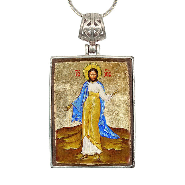 Jesus Religious Jewelry Silver Plated Necklace, Gold-Plated Wooden Cabochon - Christian Sacred Icon - Inspirational Icon Decor - 43051R-0