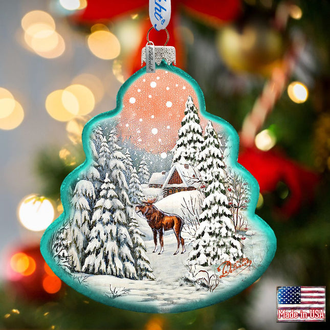 Winter Village with Moose Tree Glass Ornament by G. DeBrekht - Christmas Decor - 762-021-0