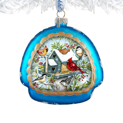 Mercury Glass Birdhouse - Winter Cardinals - Christmas Tree Decor by Susan Winget - Welcome Winter - Handmade Gift - Handblown Glass - 756-115-SW-1