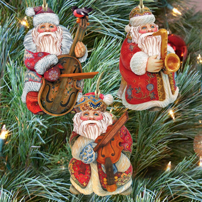Santa Musicians Wooden Ornaments Set of 3 by G. DeBrekht - Christmas Santa Snowman Decor - 8100028S3-0