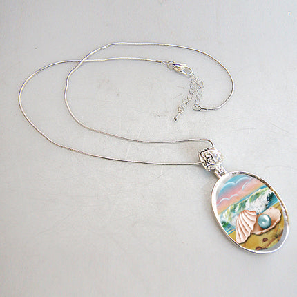 Sea Shell Pearl Silver-Plated Mother of Pearl Jewelry Pendant Necklace - 44054-2