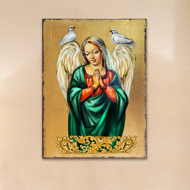 Praying Angel Wooden Gold Plated Religious Christian Sacred Icon - Inspirational Icon Decor - 85026-0