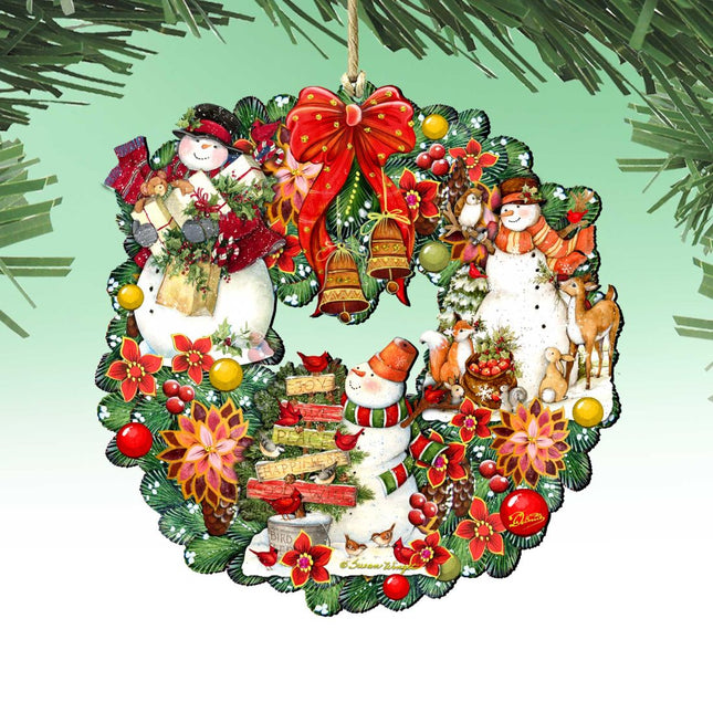 Snowy Christmas Wreath Wooden Ornaments by G DeBrekht and Susan Winget - Santa and Snowman Decor - Item 8185307-4-SW-0