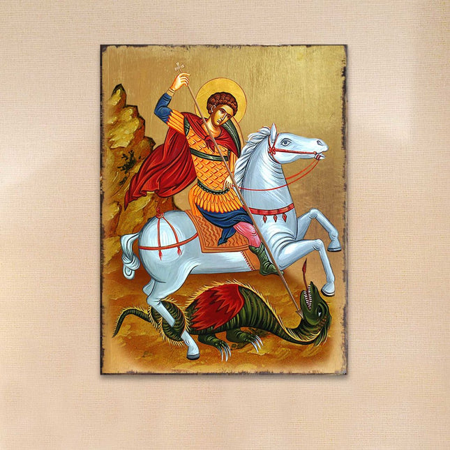 Saint George Wooden Gold Plated Religious Orthodox Sacred Icon - Inspirational Icon Decor - 85013-0