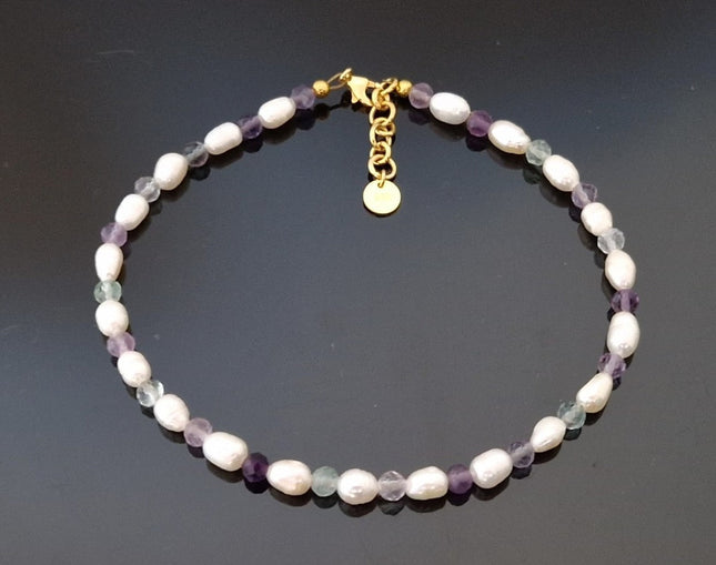 FreshWater Pearls and Fluorite Adult Anklet With Silver-0