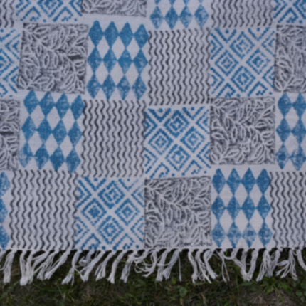 INDIGO DYED HANDWOVEN BLOCK PRINTED COTTON RUG WITH FLORAL DESIGN-0