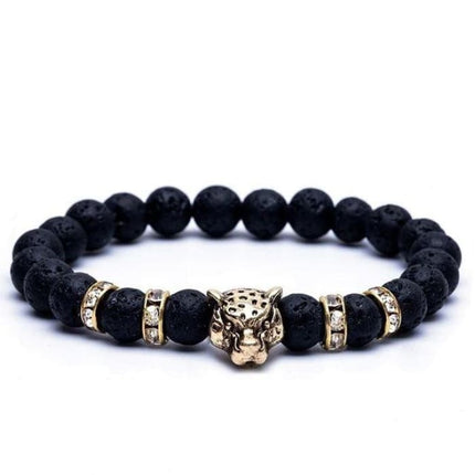 Golden Onyx Stone Leopard and Lava Stone Beads Men's Bracelet-0