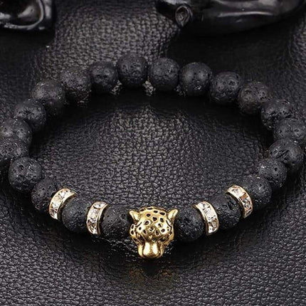 Golden Onyx Stone Leopard and Lava Stone Beads Men's Bracelet-1