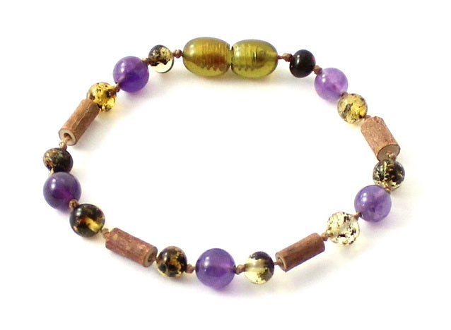 Green Amber Bracelet with Hazelwood and Amethyst-0